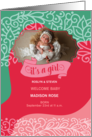 It’s a Girl Birth Announcement Pink and Sea Green Swirls Photo card