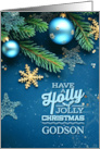 for Godson Blue and Green Holly Jolly Christmas Ornaments card