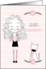 Girl’s Birthday Custom Name in Cute Pink and Black with Dog card