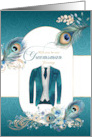 Groomsman Request Peacock in Teal and Gold Custom Name card