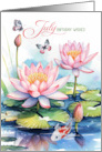 July Birthday Pink Waterlilies with Butterflies and Koi Fish card
