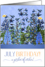 July Birthday Larkspur Garden with Butterflies and Birdhouse card