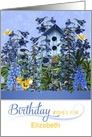 Custom Birthday Larkspur Garden with Butterflies and Birdhouse card