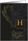 Letter H Monogrammed Black Damask with Golden Accents Blank card