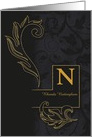 Letter N Monogrammed Black Damask with Golden Accents Blank card