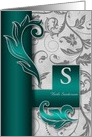 Monogrammed S Custom Silver Damask with Teal Blank card