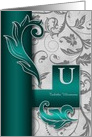 Monogrammed U Custom Silver Damask with Teal Blank card