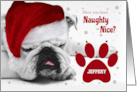 Custom Christmas Bulldog in a Santa Hat Naughty or Nice? card