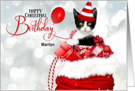 Birthday on Christmas Day Custom Kitten in Red and White card