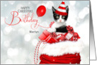 Birthday on Christmas Day Custom Kitten in Red and White card