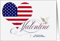 Military Valentine’s Day American Flag Heart and Dove Custom Name card