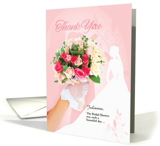 Bridal Shower Custom Thank You with Pink Rose Bouquet and Bride card