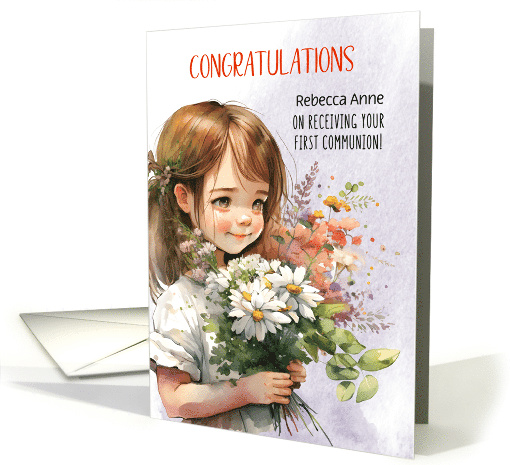 Congratulations First Communion Young Girl with Daisy Bouquet card