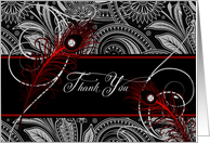 Thank You Black and Red Paisley with Peacock Feathers Blank card