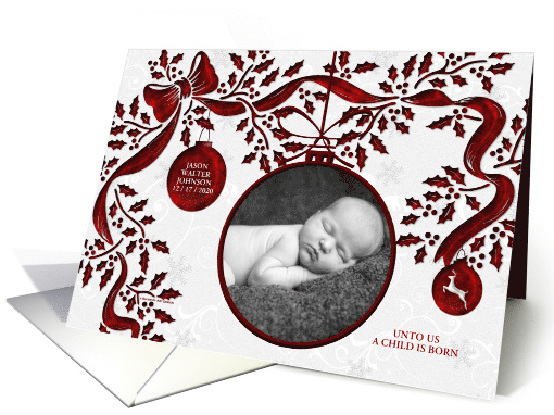 Christmastime Baby Birth Announcement Red and White Photo card