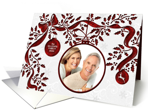 Ornament Holiday Photo Card in Red and White with Snowflakes card