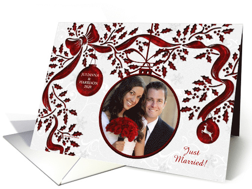 Just Married Holiday Season Photo Announcement Red and White card