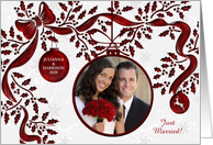 Just Married Holiday Season Photo Announcement Red and White card