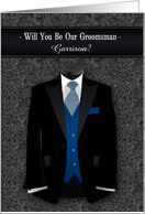 Will You Be My Our Groomsman Blue Tie and Black Suit Custom card