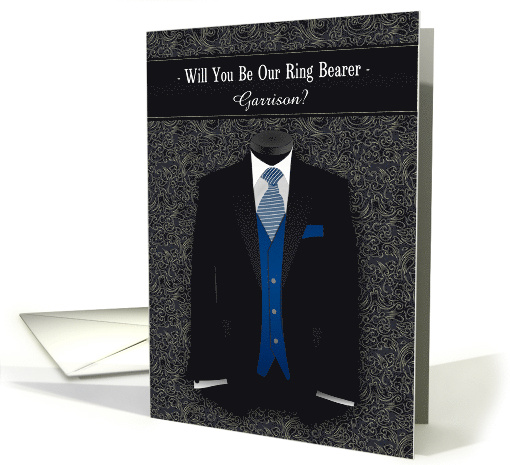 Will You Be Our Ring Bearer? Blue Necktie and Black Suit Custom card