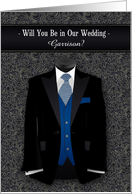 Will You Be In Our Wedding Black Suit Blue Tie Custom Text card