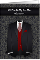 Will You Be My Best Man Black Suite and Red Tie with Custom Text card