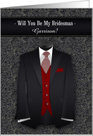 Will You Be My Bridesman Red Necktie and Black Suit Custom card