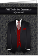 Will You Be Our Groomsman Custom Name with Red Tie Black Suit card