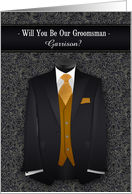 Groomsman Request Gold Tie and Black Tuxedo Custom Text card