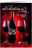 1st Valentine’s Day Together Red Rose Petals and Wine card