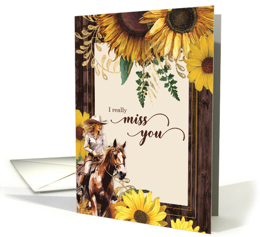 Missing You Country Western Cowgirl with Sunflower Blank card