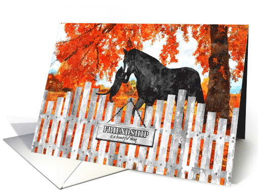 Friendship Horse and Cat with Picket Fence and Autumn Color card