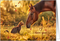 I Love You Horse and Cat with Autumn Color Watercolor card