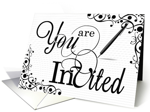 Surprise Birthday Party Invitation Black and White Swirls and Pen card