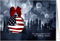 Patriotic Holiday Wishes American Flag Ornament and Skyline card