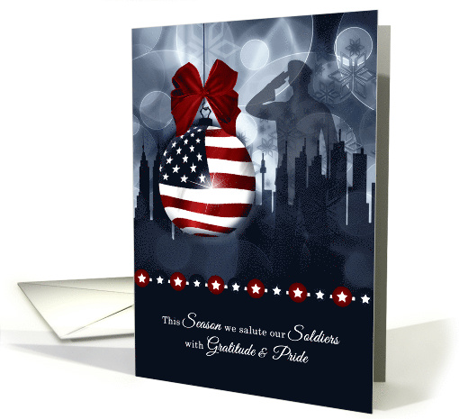 Military Christmas American Flag with Soldier and Skyline card