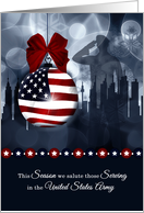 Army Military Christmas American Flag with Soldier and Skyline card