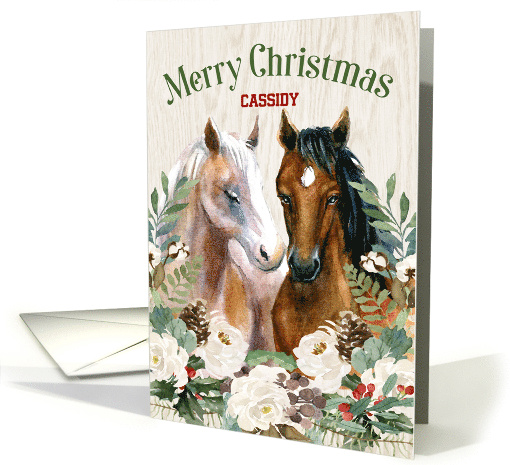 Western Christmas Horse Pair with Winter Greens and Name card