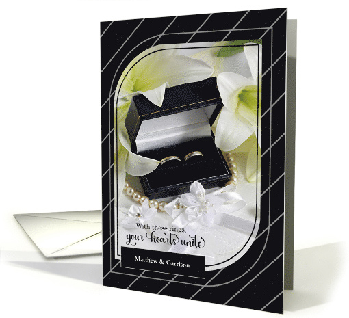 Gay Wedding Congratulations Black and Silver Pinstripe with Rings card