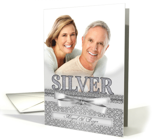 25th Silver Wedding Anniversary Silver Damask Custom Photo card