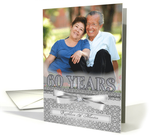 60th Diamond Wedding Anniversary Silver Damask Custom Photo card