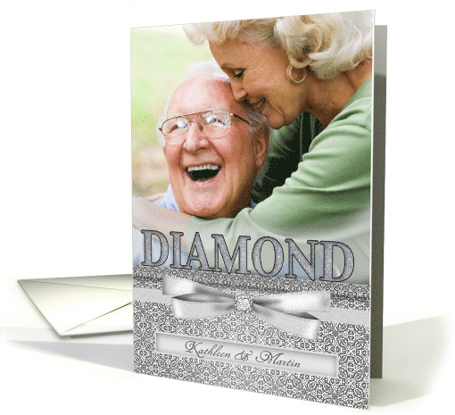 60th Diamond Wedding Anniversary Silver Damask Custom Photo card