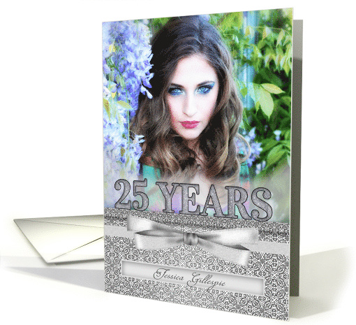 25th Birthday Party Silver Damask with Photo Custom card (1140746)