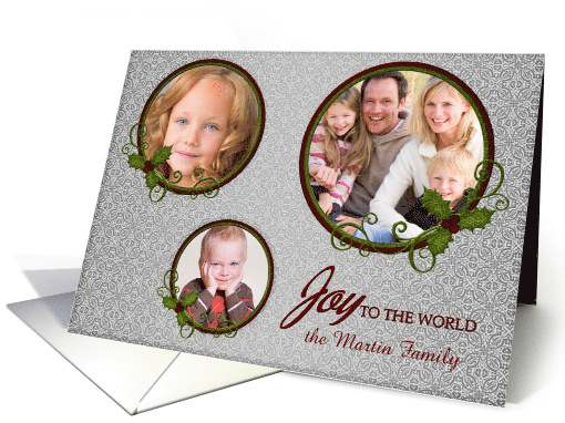 Joy to the World 3-Photo with Holly and Silver Damask card (1142268)