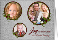 Joy to the World 3-Photo with Holly and Silver Damask card