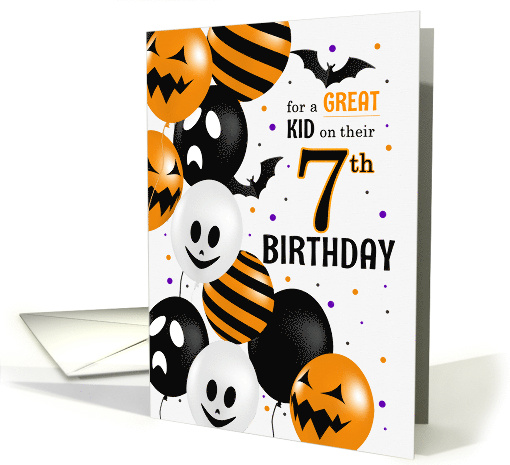Child's 7th Birthday on Halloween Balloons and Polka Dots card