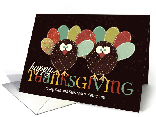 for Dad and Step Mom Thanksgiving Silly Patchwork Turkey card