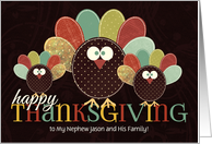 for Nephew and Family Custom Thanksgiving Silly Patchwork Turkey card