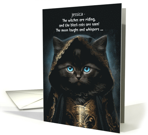 Custom Name Halloween Cute Black Cat in a Witch Cape with Poem card