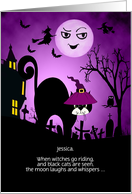 Custom Name Halloween Laughing Moon and Black Cat card